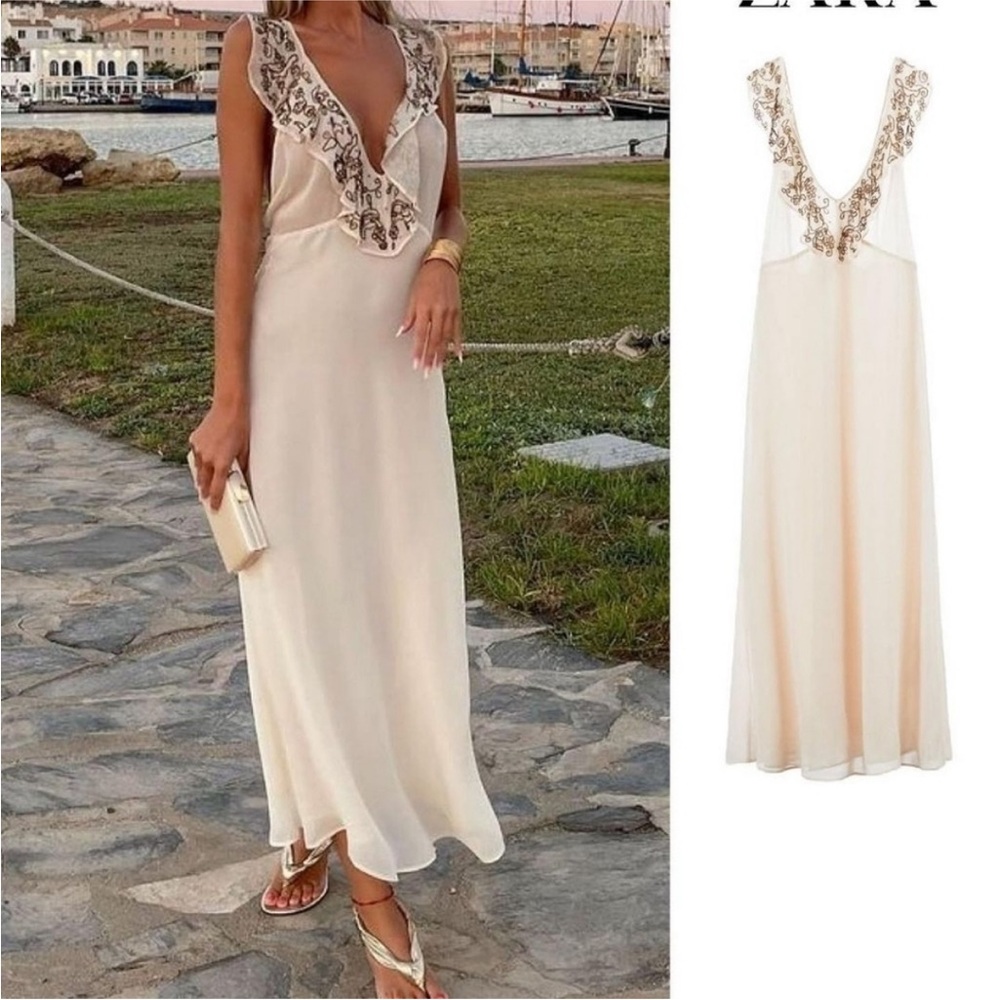 Zara Limited Edition Embroidered Beaded V-Neck Ivory Slip Maxi Dress 7521/652204 - Picture 11 of 15